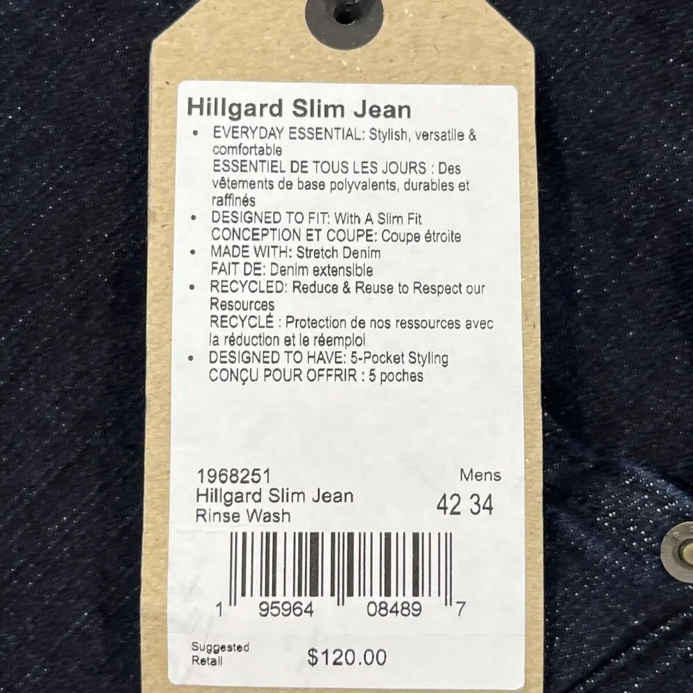 Prana Hillgard NEW Jeans Mens 42x34 Blue Dark Rinse Tapered Leg Slim Fit Organic